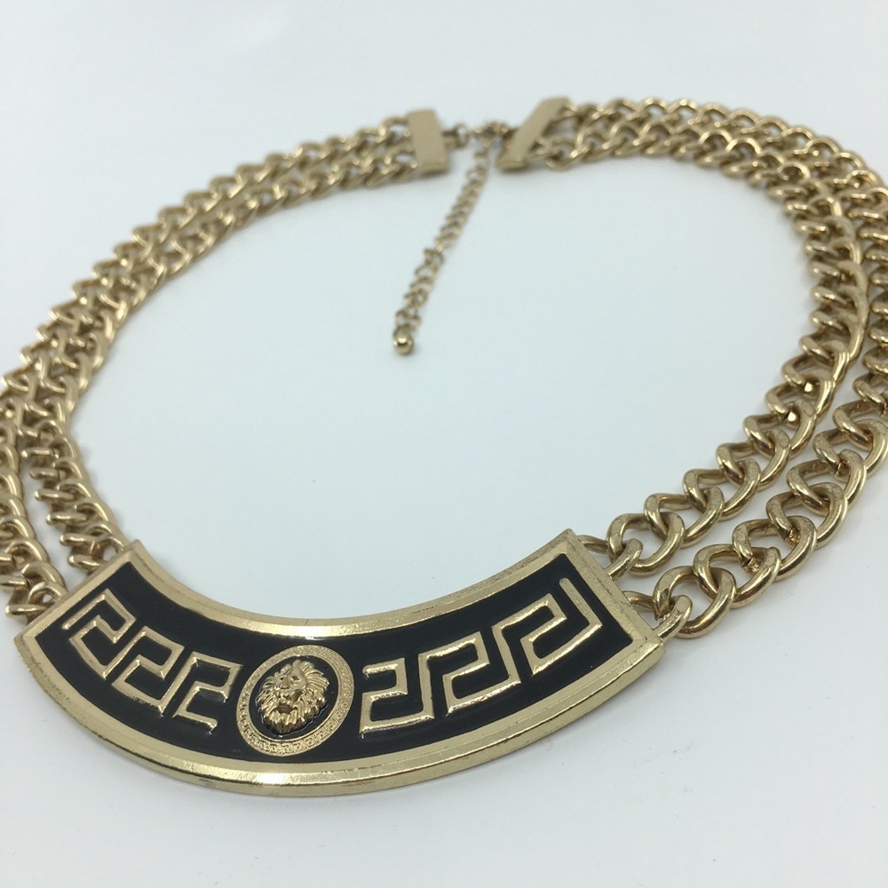 Vintage Chunky Gold Double Chain Statement Necklace Greek Key Lion Head Center